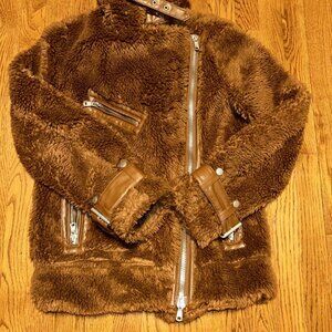 $199 Avec Les Filles Women's Brown Teddy Faux Fur Biker Moto Coat Jacket Size XS